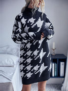 Loose Fit Retro Print Sweater Dress With High Collar - ElegantAlpha®