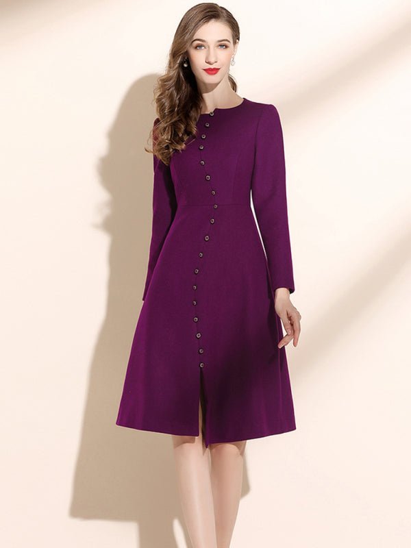 Crew Neck Button Front Long Sleeve Midi Dress - ElegantAlpha®