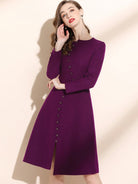 Crew Neck Button Front Long Sleeve Midi Dress - ElegantAlpha®