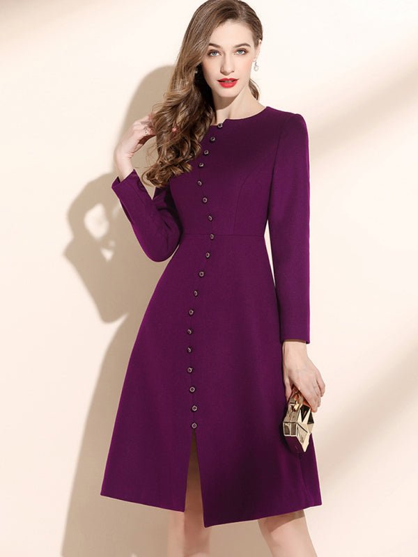 Crew Neck Button Front Long Sleeve Midi Dress - ElegantAlpha®