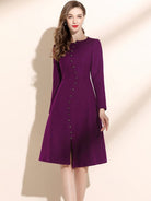 Crew Neck Button Front Long Sleeve Midi Dress - ElegantAlpha®