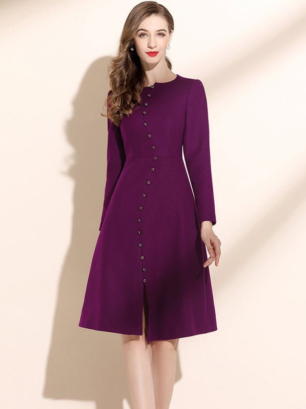 Crew Neck Button Front Long Sleeve Midi Dress - ElegantAlpha®