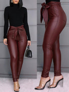 Slim Fit Tie Belt Faux Leather Pants - ElegantAlpha®