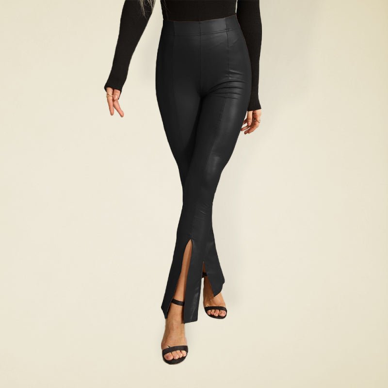 Pull-on Style High Rise Faux Leather Pants With Slits - ElegantAlpha®