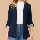 Roll Up Strip Print Sleeve Open Front Blazer - ElegantAlpha®