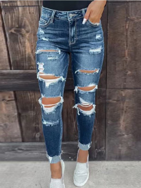 Rip Distressed Lined With Plaid Print Curvy Fit Skinny Jeans - ElegantAlpha®