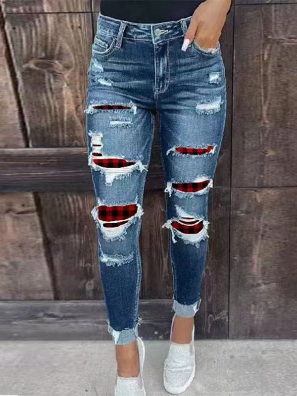 Rip Distressed Lined With Plaid Print Curvy Fit Skinny Jeans - ElegantAlpha®