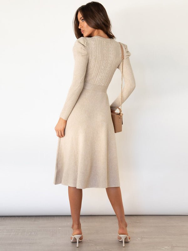 Crew Neck Ruffle Cable Knit Sweater Midi Dress - ElegantAlpha®