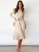 Crew Neck Ruffle Cable Knit Sweater Midi Dress - ElegantAlpha®