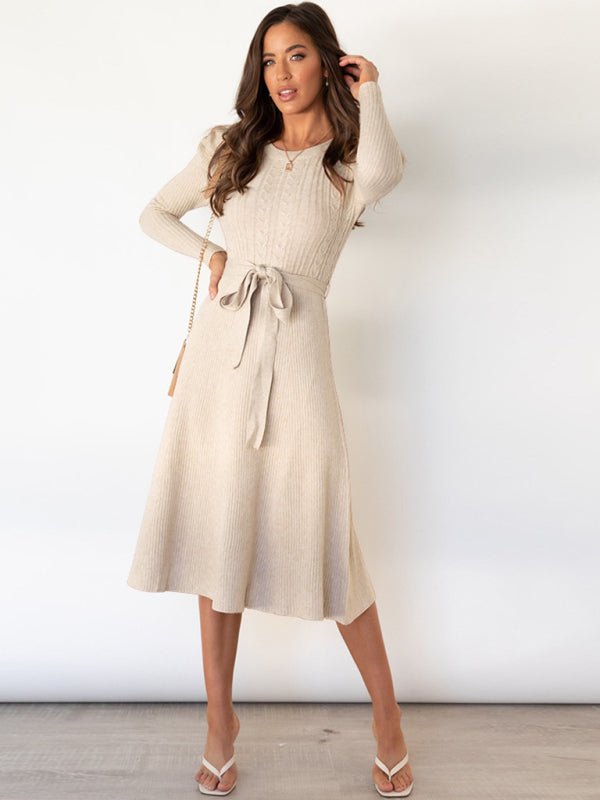 Crew Neck Ruffle Cable Knit Sweater Midi Dress - ElegantAlpha®