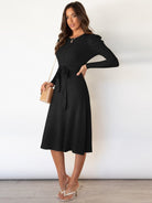 Crew Neck Ruffle Cable Knit Sweater Midi Dress - ElegantAlpha®