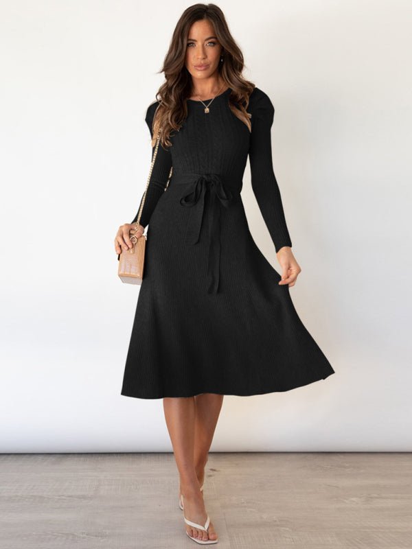 Crew Neck Ruffle Cable Knit Sweater Midi Dress - ElegantAlpha®