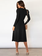 Crew Neck Ruffle Cable Knit Sweater Midi Dress - ElegantAlpha®