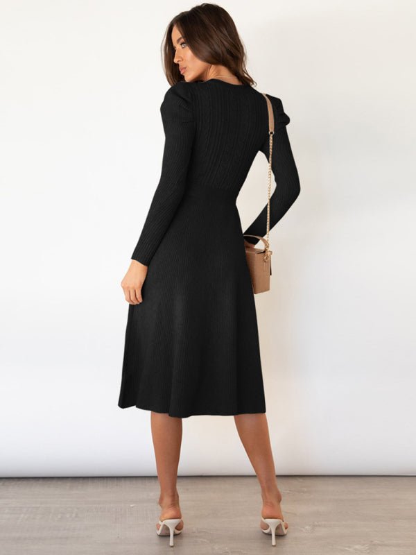 Crew Neck Ruffle Cable Knit Sweater Midi Dress - ElegantAlpha®