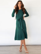 Crew Neck Ruffle Cable Knit Sweater Midi Dress - ElegantAlpha®