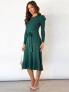 Crew Neck Ruffle Cable Knit Sweater Midi Dress - ElegantAlpha®