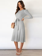 Crew Neck Ruffle Cable Knit Sweater Midi Dress - ElegantAlpha®