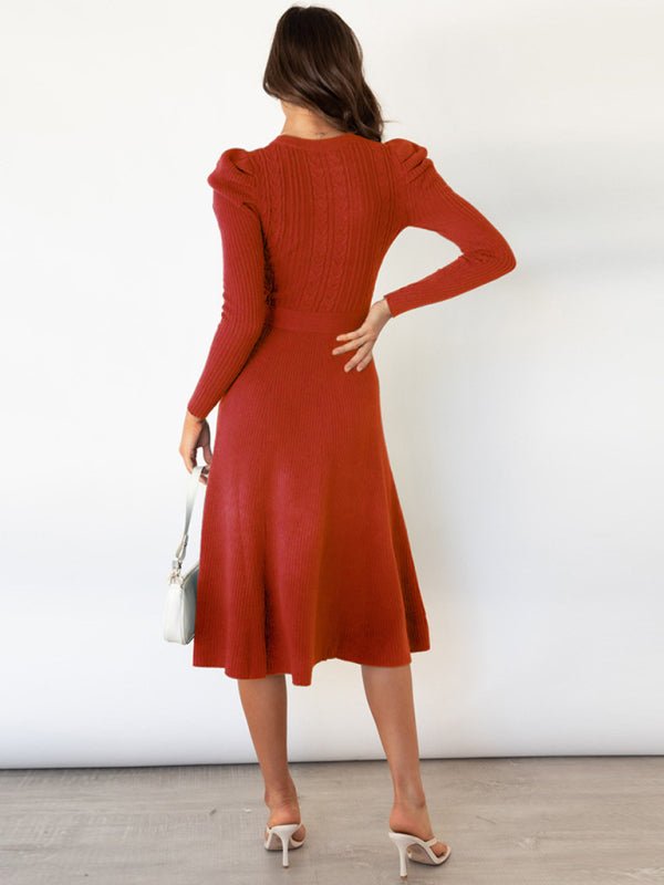 Crew Neck Ruffle Cable Knit Sweater Midi Dress - ElegantAlpha®