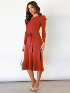 Crew Neck Ruffle Cable Knit Sweater Midi Dress - ElegantAlpha®