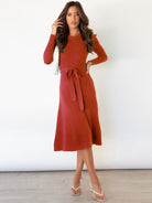 Crew Neck Ruffle Cable Knit Sweater Midi Dress - ElegantAlpha®