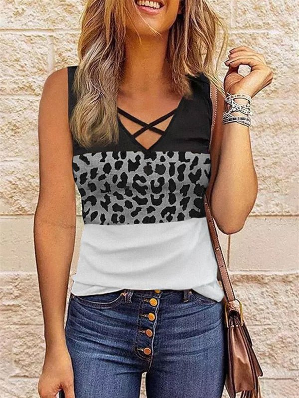 Leopard stitching V-neck top - ElegantAlpha®