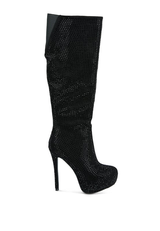 Nebula Rhinestone Embellished Stiletto Calf Boots - ElegantAlpha®