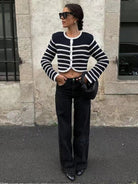 Round Neck Striped Sweater Cardigan - ElegantAlpha®