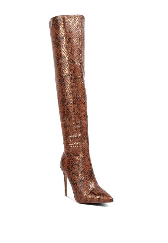 Snake Print Stiletto Knee Boots - ElegantAlpha®