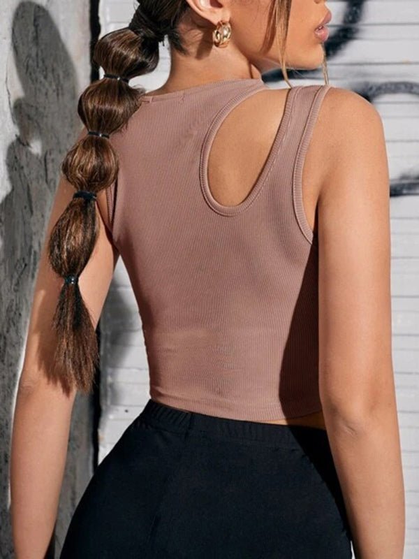 Solid Color Cut Out Ribbed Tank Top - ElegantAlpha®