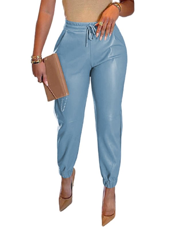 Solid Color Faux Leather Drawstring Pants - ElegantAlpha®