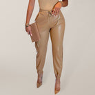 Solid Color Faux Leather Drawstring Pants - ElegantAlpha®