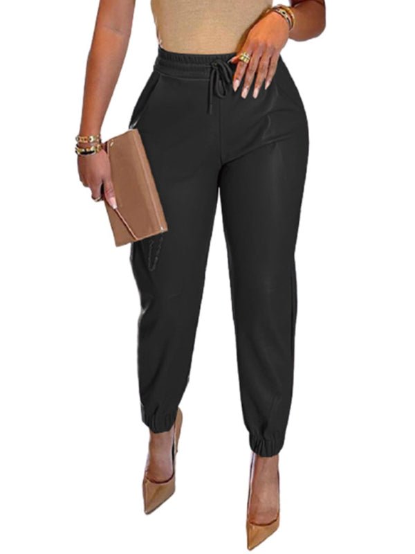 Solid Color Faux Leather Drawstring Pants - ElegantAlpha®