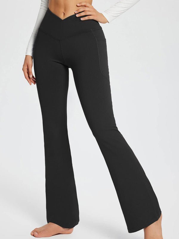 Solid Color Full Length Pocket Waist Flare Leggings - ElegantAlpha®