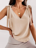 Solid Color V-neck Knit Tank Top With Lace-up Bow - ElegantAlpha®