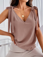 Solid Color V-neck Knit Tank Top With Lace-up Bow - ElegantAlpha®