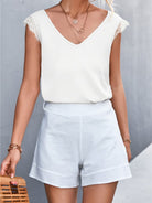 Solid Color V-neck Lace Trim Top - ElegantAlpha®