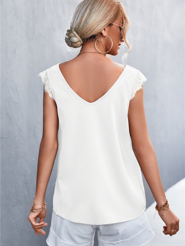 Solid Color V-neck Lace Trim Top - ElegantAlpha®