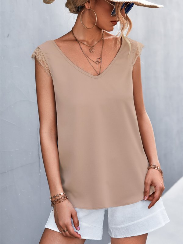 Solid Color V-neck Lace Trim Top - ElegantAlpha®