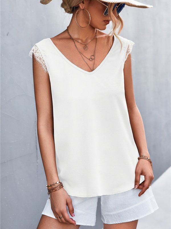 Solid Color V-neck Lace Trim Top - ElegantAlpha®