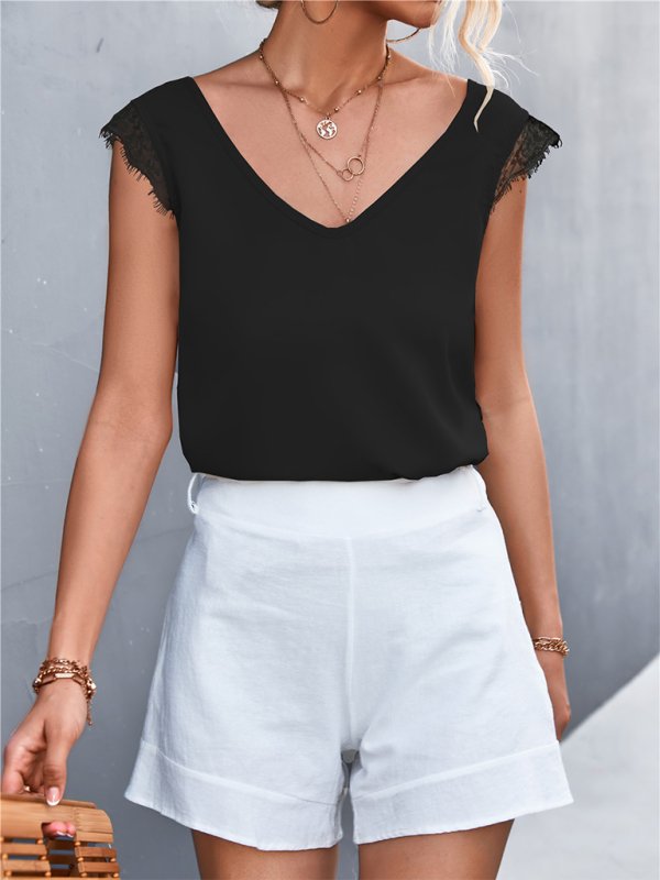 Solid Color V-neck Lace Trim Top - ElegantAlpha®