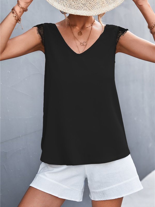 Solid Color V-neck Lace Trim Top - ElegantAlpha®