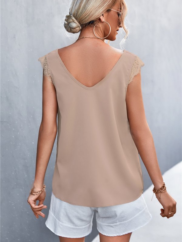 Solid Color V-neck Lace Trim Top - ElegantAlpha®