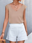 Solid Color V-neck Lace Trim Top - ElegantAlpha®