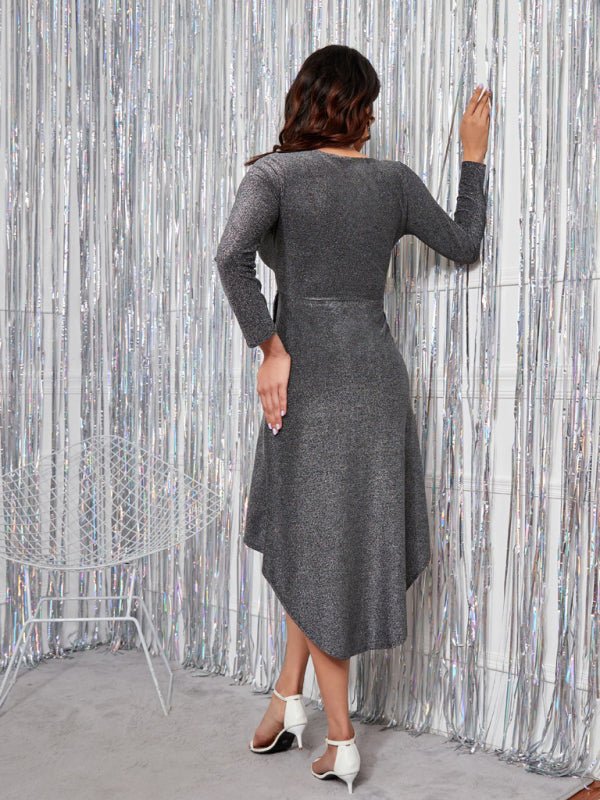 Sparkly Long Sleeve V-neck Mini Dress - ElegantAlpha®