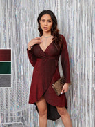 Sparkly Long Sleeve V-neck Mini Dress - ElegantAlpha®