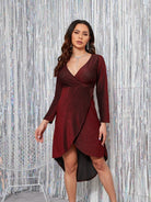 Sparkly Long Sleeve V-neck Mini Dress - ElegantAlpha®