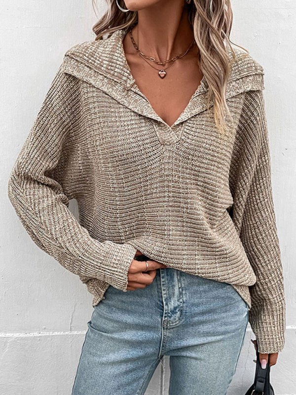 Spread Collar V Neck Rib Knit Sweater - ElegantAlpha®