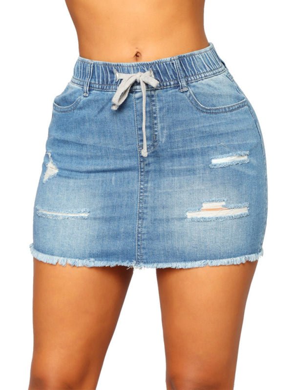 Spring/Summer Drawstring Hole Pack Hip Denim Short Skirt - ElegantAlpha®