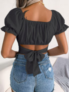 Square Neck Crisscross Flounce Sleeve Cropped Top - ElegantAlpha®