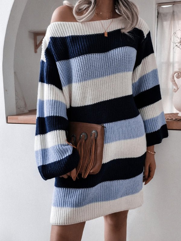 Straight neck off shoulder knitted wool dress - ElegantAlpha®